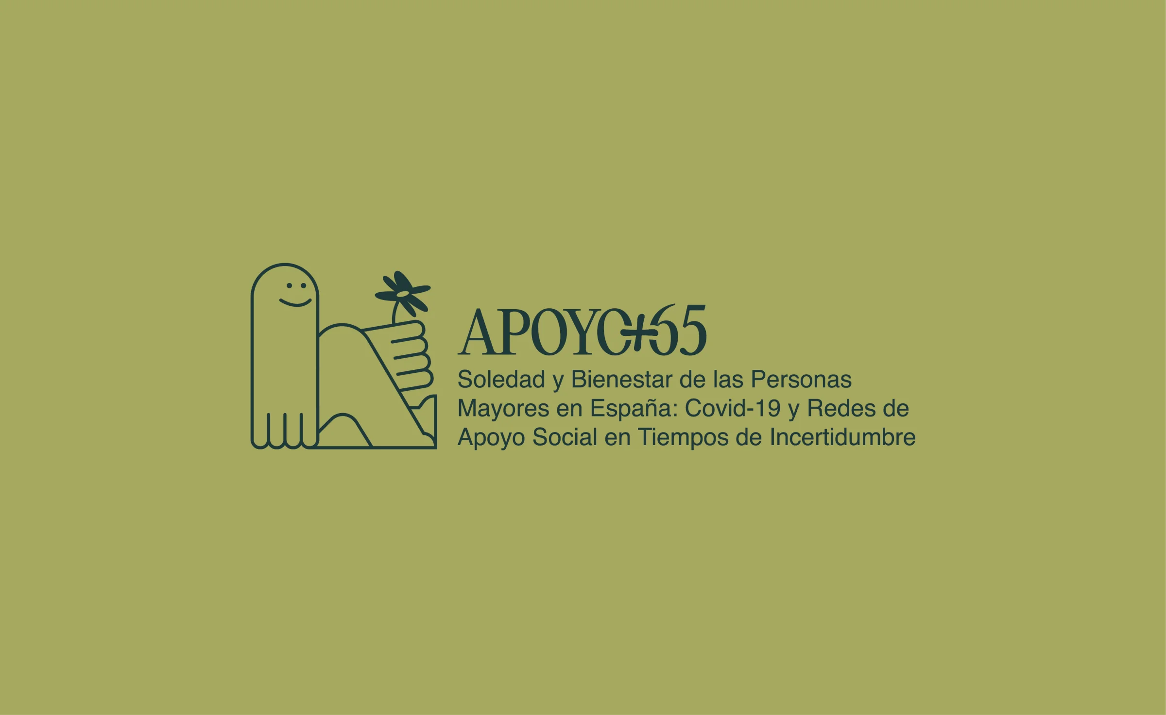 Logotipo de APOYO+65 en verde oscuro sobre fondo oliva