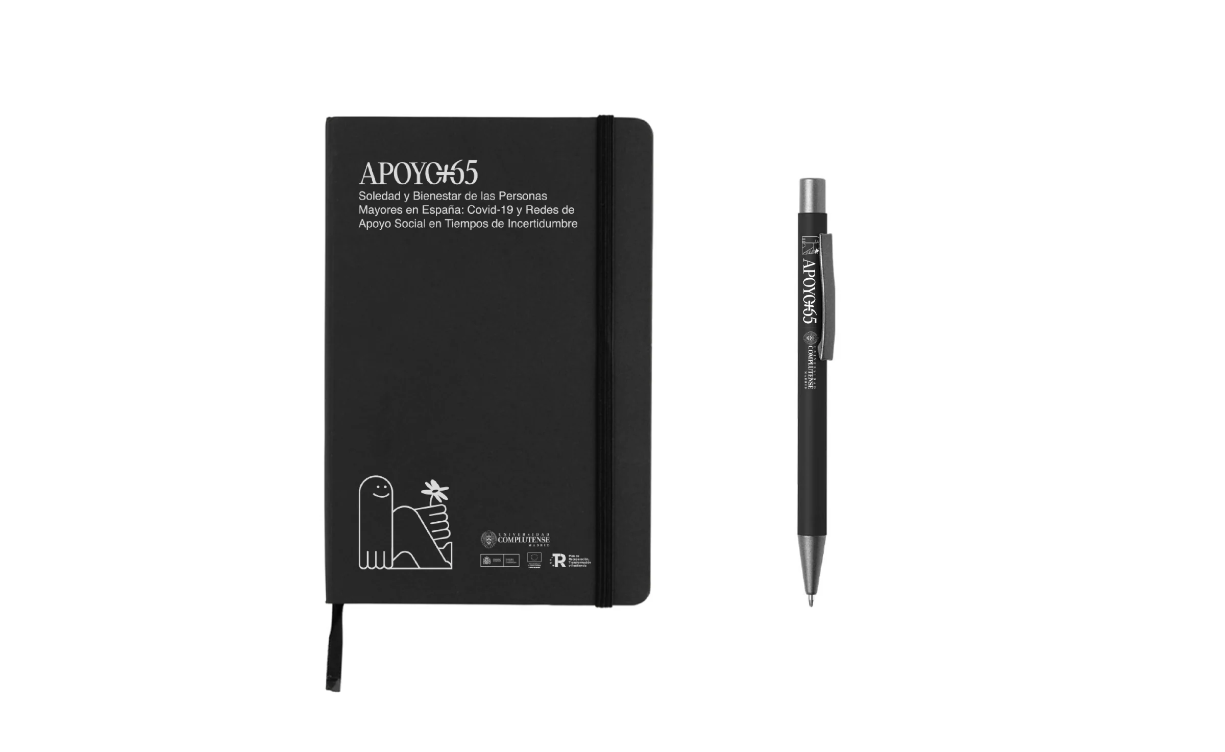 Libreta y bolígrafo negros con el logotipo de APOYO+65