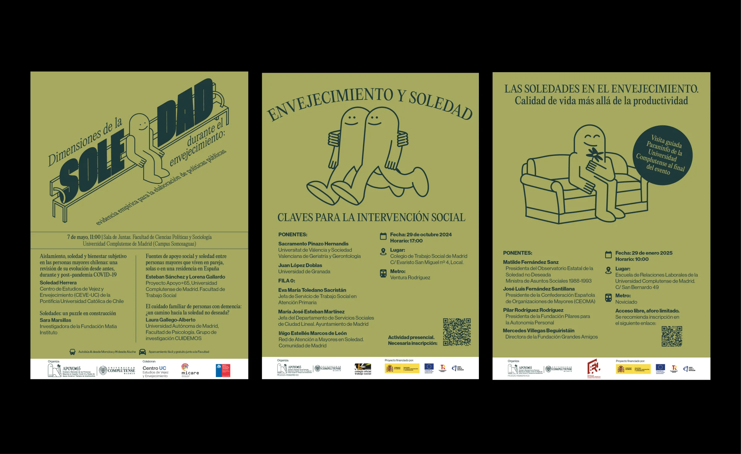 Carteles de las tres jornadas de APOYO+65: Dimensiones de la soledad, Envejecimiento y soledad y Las soledades en el envejecimiento