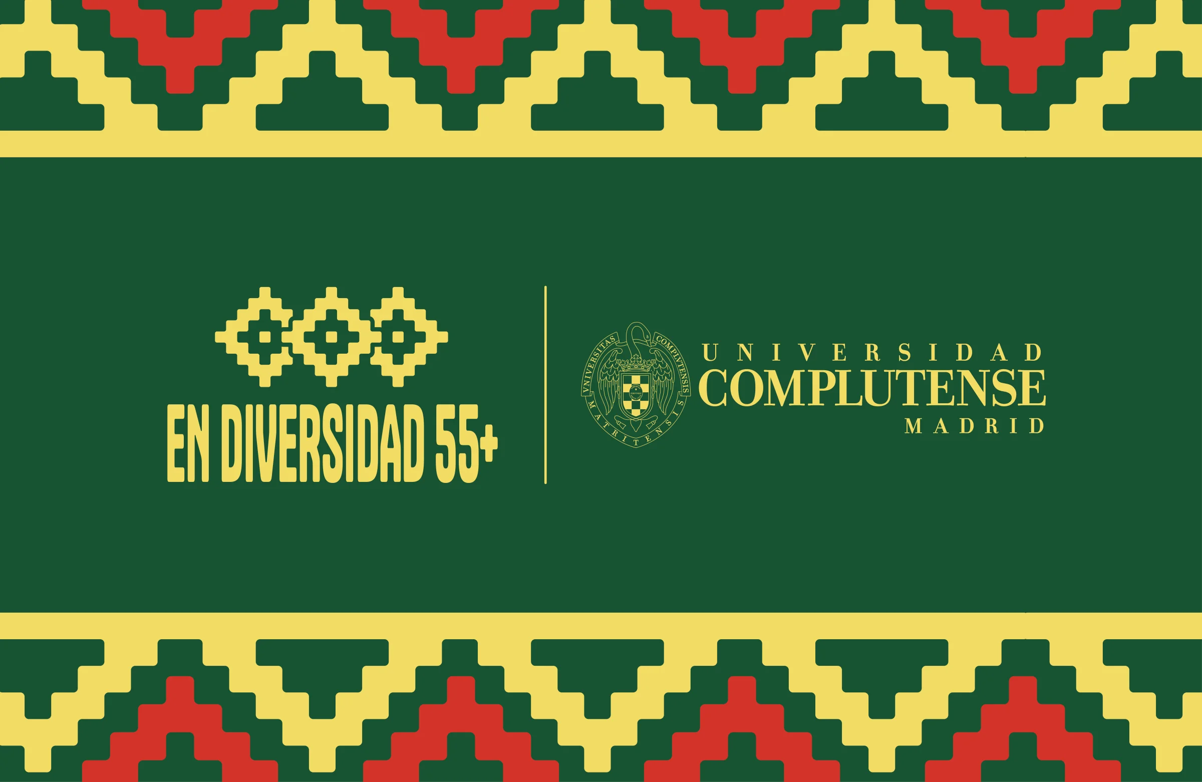 Logotipos de ENDIVERSIDAD55+ y de la Universidad Complutense de Madrid sobre verde oscuro, entre dos cenefas textiles en amarillo, verde y rojo