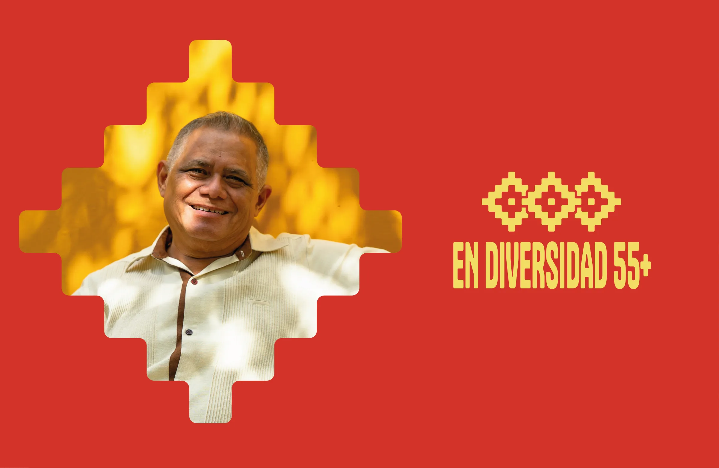 Retrato de un hombre mayor enmarcado por el rombo escalonado, junto al logotipo de ENDIVERSIDAD55+ sobre rojo