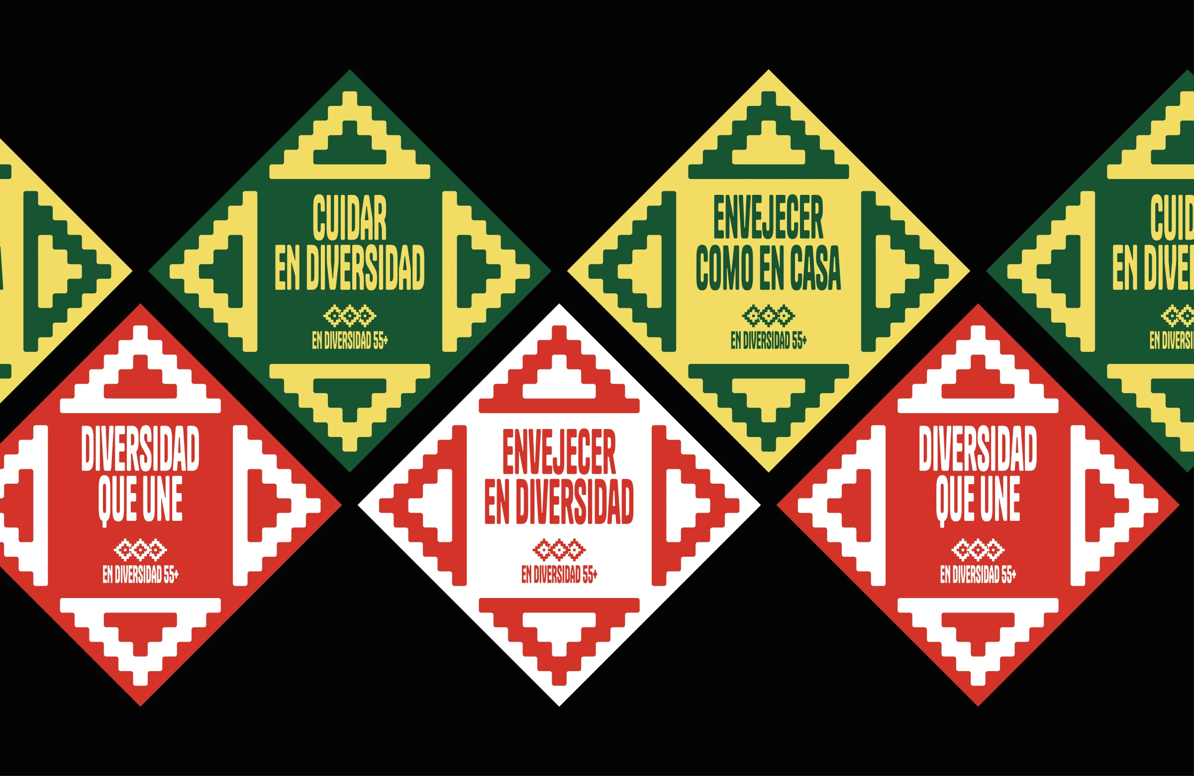 Insignias de campaña en forma de rombo con los lemas Cuidar en diversidad, Envejecer como en casa, Diversidad que une y Envejecer en diversidad