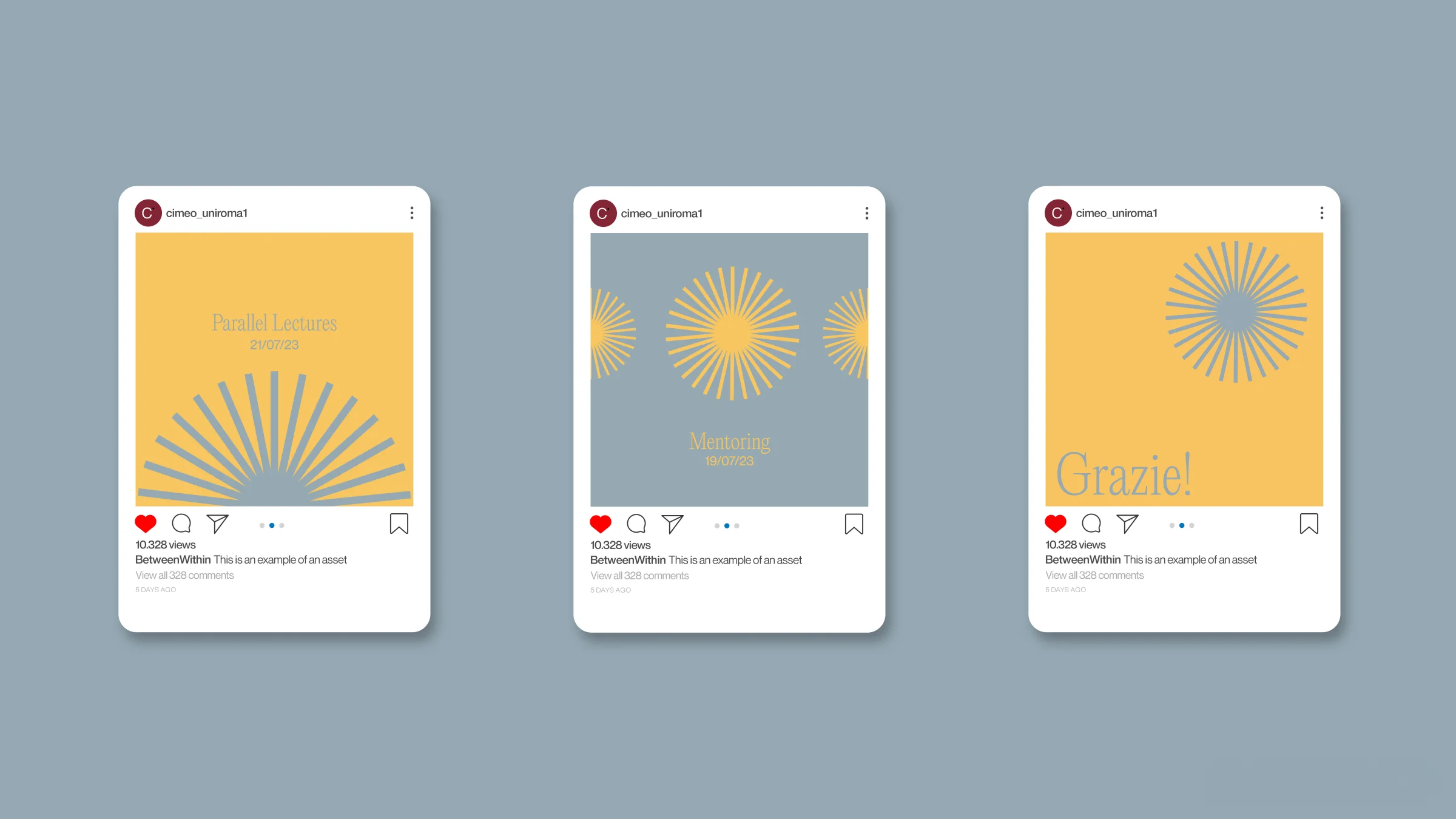 Tres publicaciones de Instagram para Parallel Lectures, Mentoring y un Grazie! de cierre, en amarillo y azul con los rayos del sol